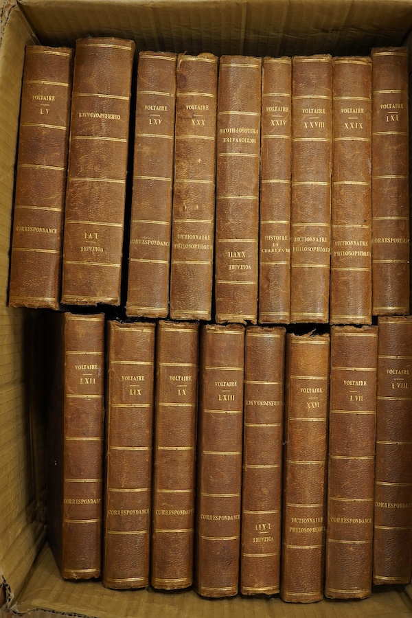 Beuchot, Oeuvres de Voltaire, notes by M. Beuchot, 69 vols, 8vo, calf, Paris, 1834. Condition - pages foxed and binding worn